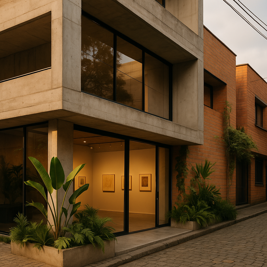 Fachada de un espacio cultural contemporáneo en el Distrito Creativo de Medellín