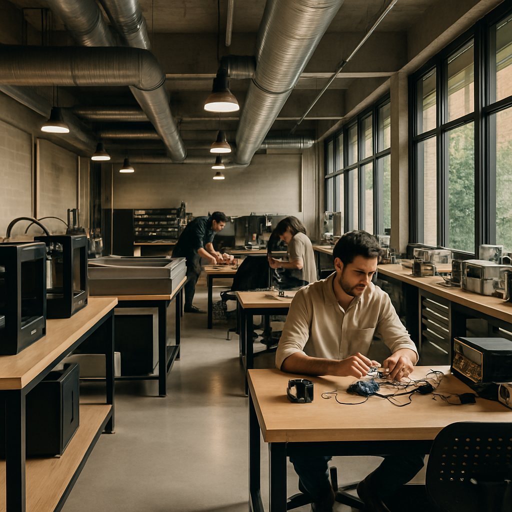 Interior de un fablab en Medellín con impresoras 3D, cortadoras láser y bancos de trabajo