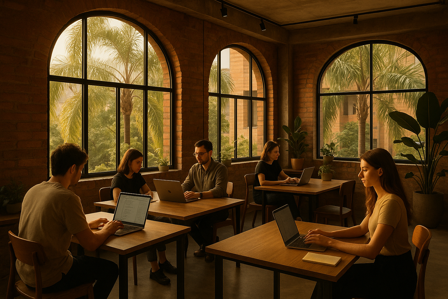 Interior de un espacio creativo de coworking en Medellín con diseñadores y luz natural
