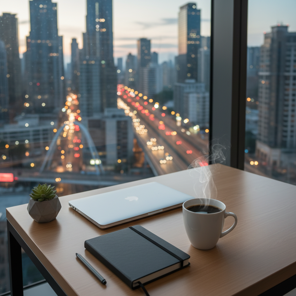 Espacio de trabajo moderno con café