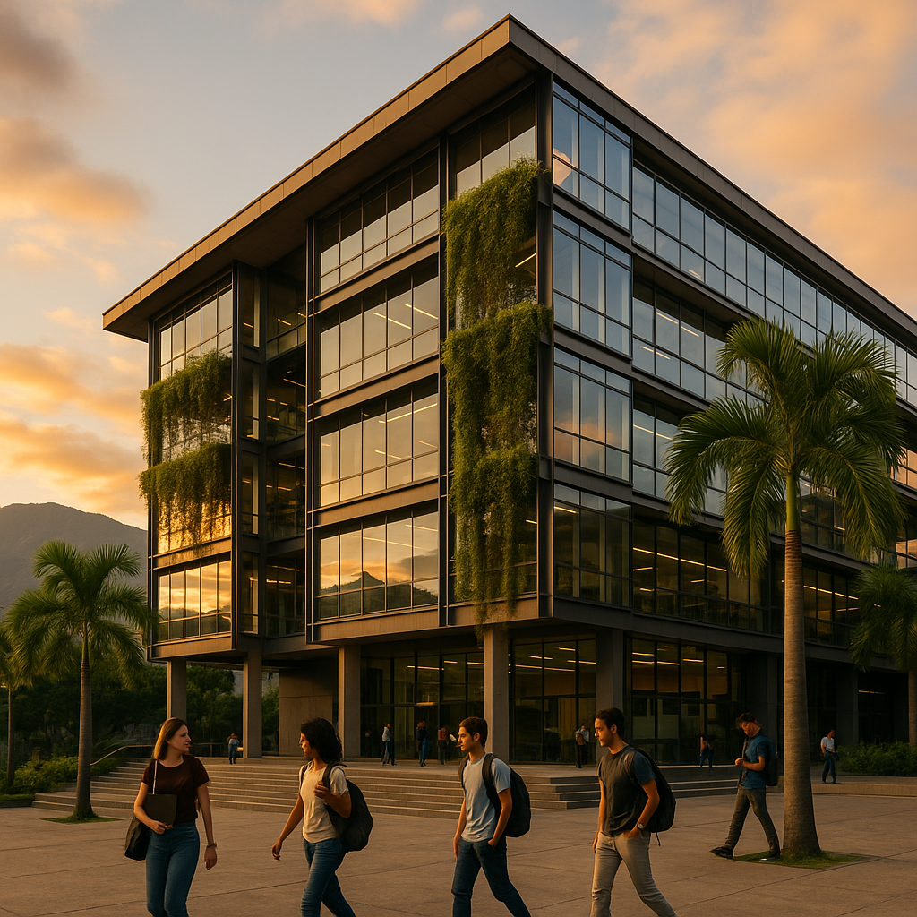 Campus moderno de tecnología en Medellín con arquitectura de vidrio y vegetación vertical